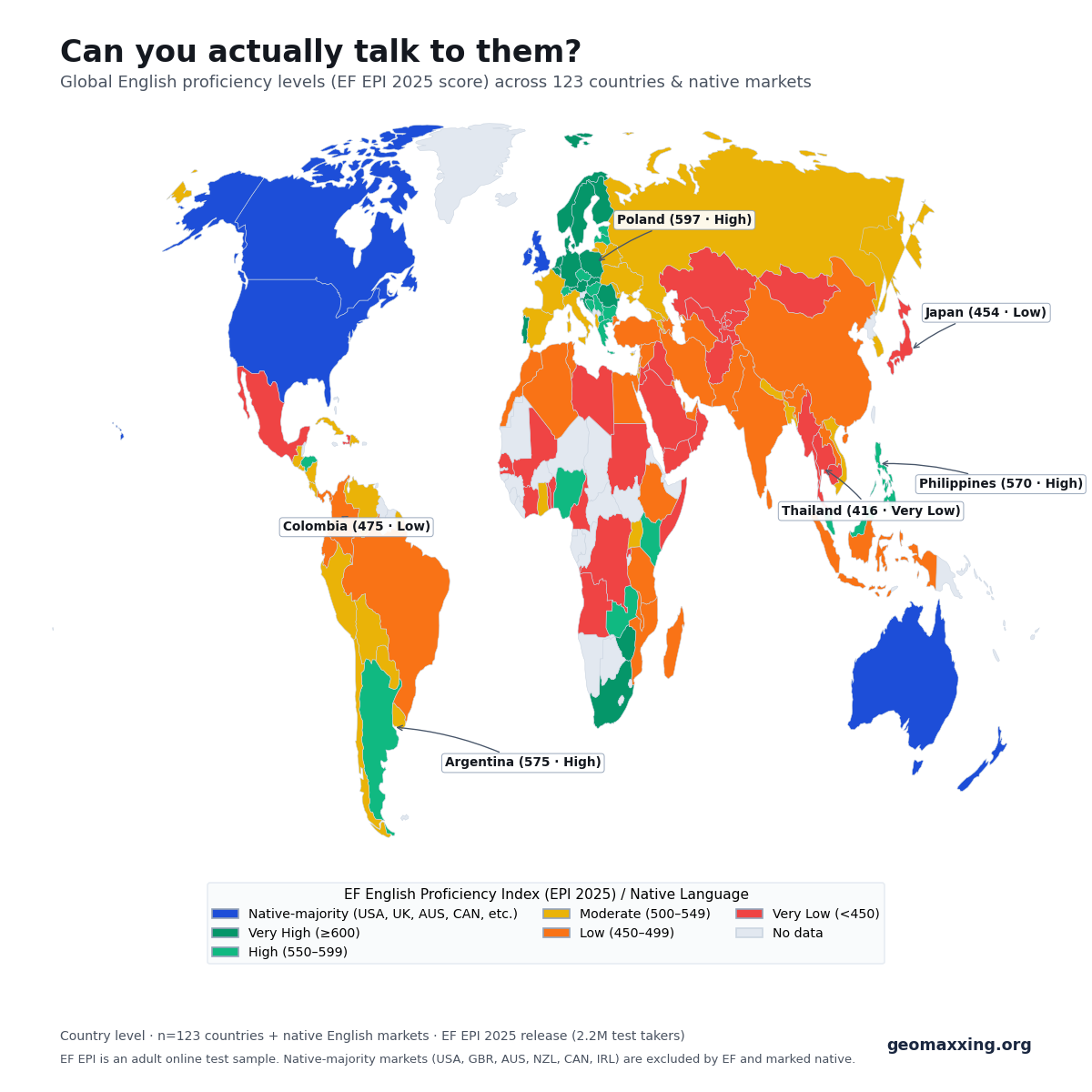 World choropleth map showing English proficiency levels across 123 countries and native English markets